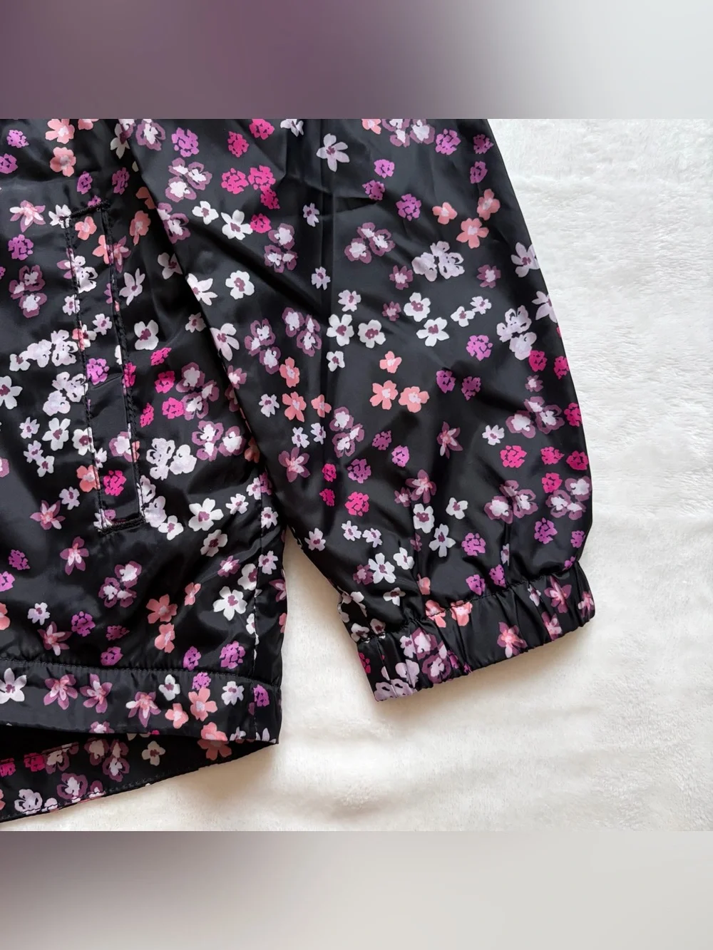 Girls Black Floral Windbreaker - NWT Full Zip Jacket With Hood & Pockets, Size 6